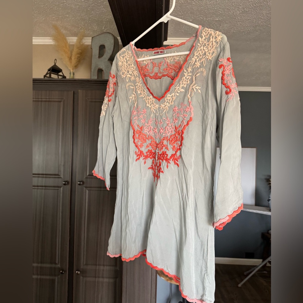 JOHNNY WAS GRAY BOHO EMBROIDERED TUNIC